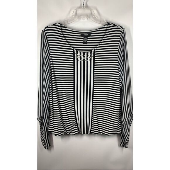 Alfani Women's Batwing Sheer Sleeves Blouson Top Black And White Size P/L - Picture 1 of 8